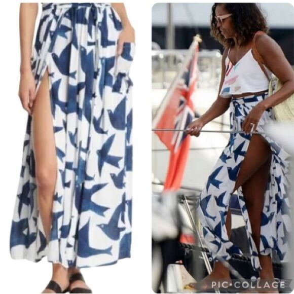 Mara Hoffman Birds Slit Front Maxi Skirt "Michelle Obama's Spain" White Blue XS - Picture 1 of 14